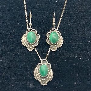 Vintage Sterling Navajo Malachite Necklace & Earring Set